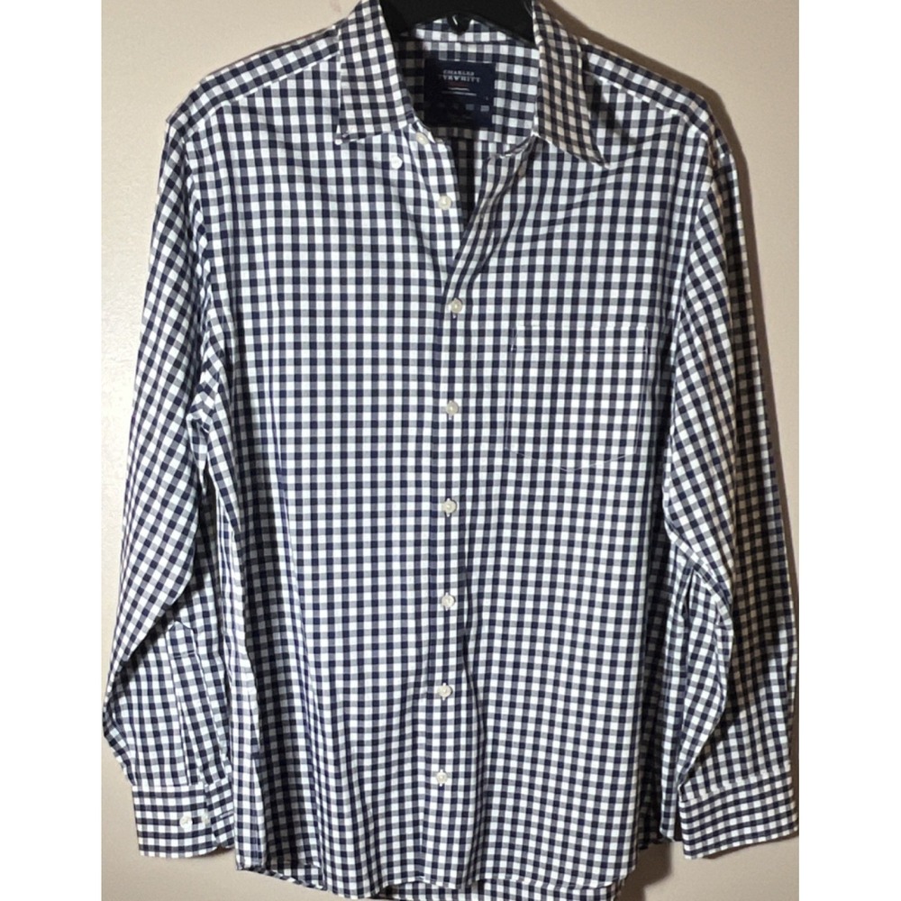 Charles Tyrwhitt Men's Dress Shirt L Blue White Check Slim Fit Non-Iron